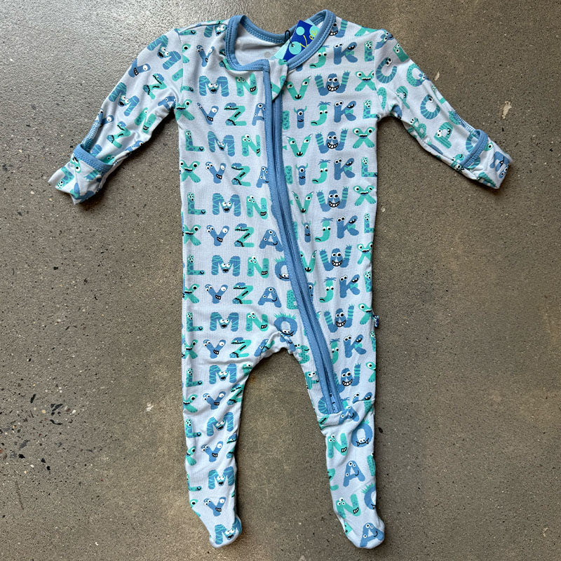 abc monsters w Print Footie with 2 Way Zipper in Dew ABC Monsters – Two The Moon