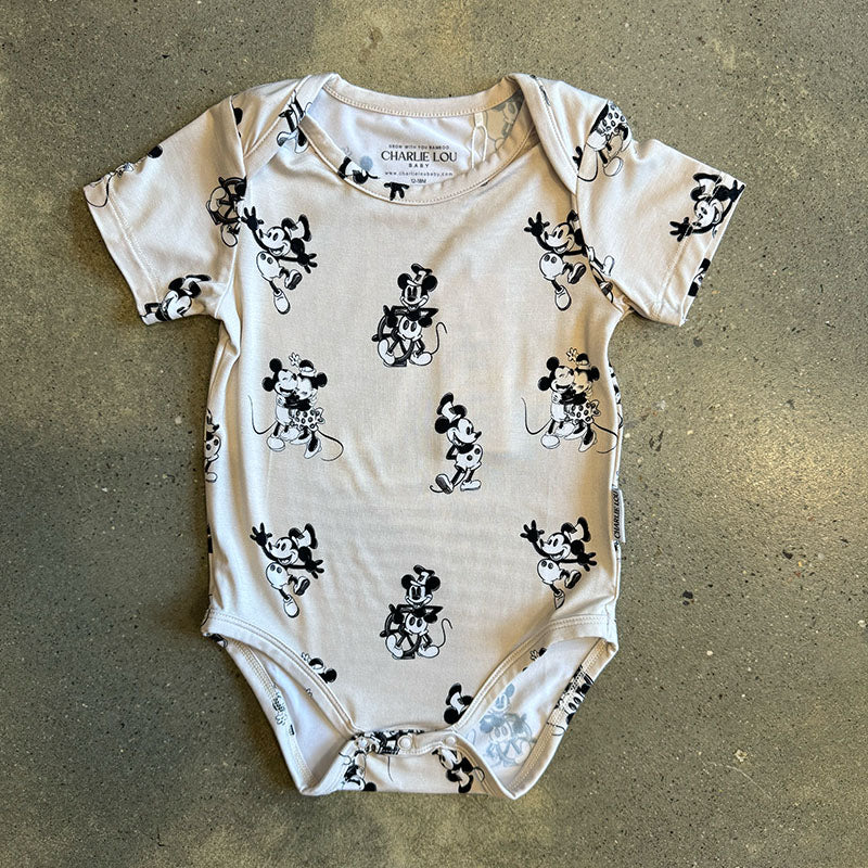 Charlie Lou Baby Mickey Mouse Bamboo Bodysuit In Beige