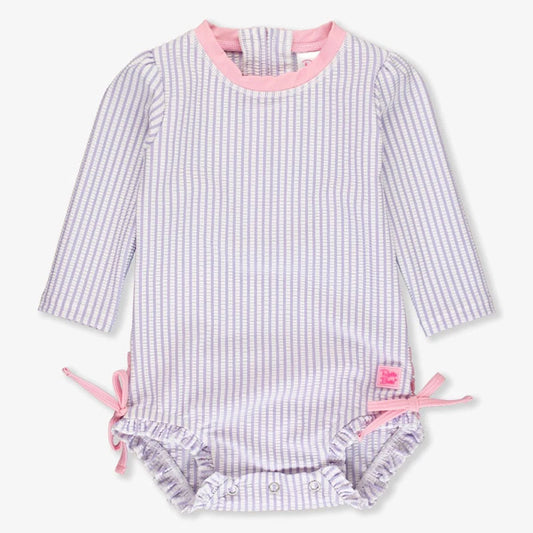 RuffleButts Seersucker Longsleeve One Piece Rash Guard In Lavender