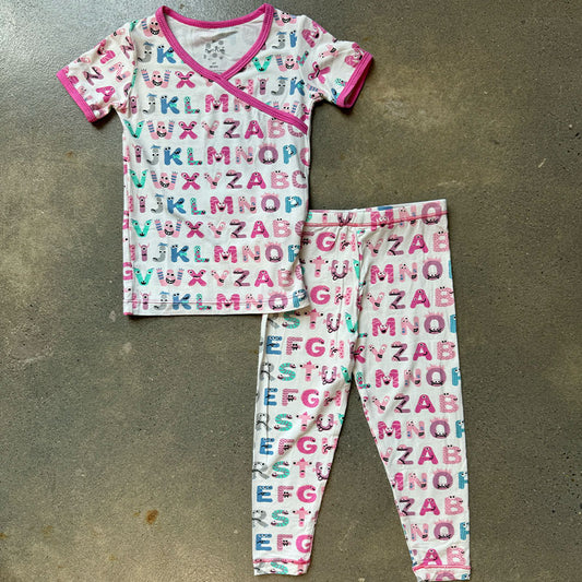 Print Short Sleeve Kimono Pajama Set in Natural ABC Monsters 2T-6