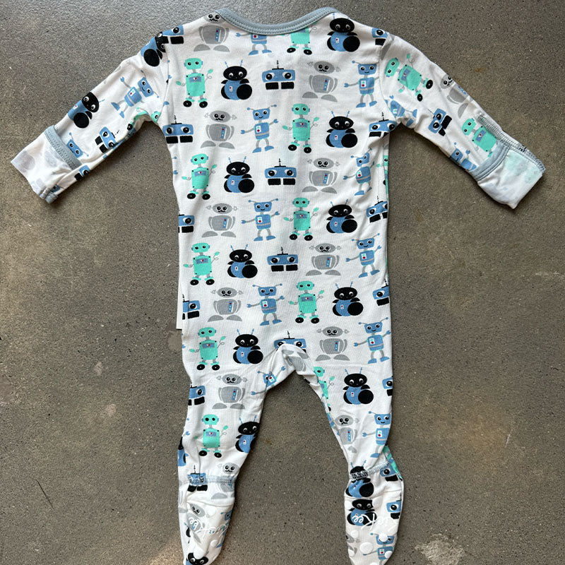 Print Footie with 2 Way Zipper in Natural Robots