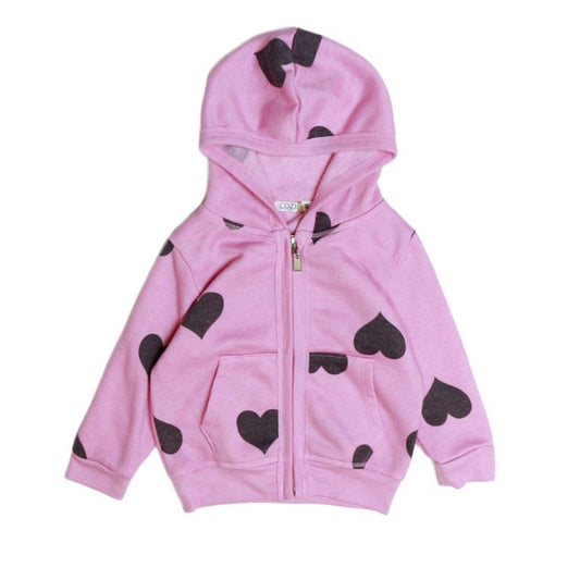 Cozii USA Long Sleeve Hooded Zip Jacket In Pink Hearts