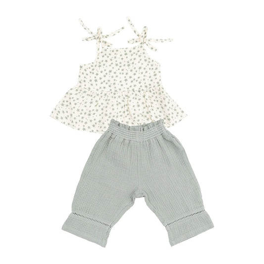 Angel Dear Jadeite Simple Floral Peplum Tank and Smocked Waist Pants