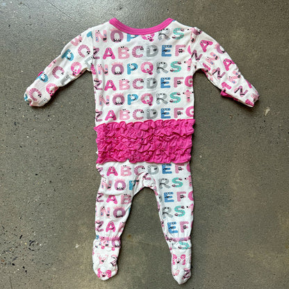 Print Muffin Ruffle Footie with 2 Way Zipper in Natural ABC Monsters