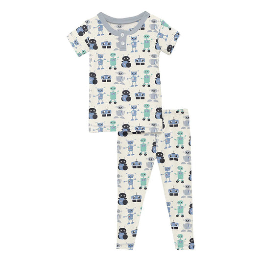 Print Short Sleeve Henley Pajama Set in Natural Robots